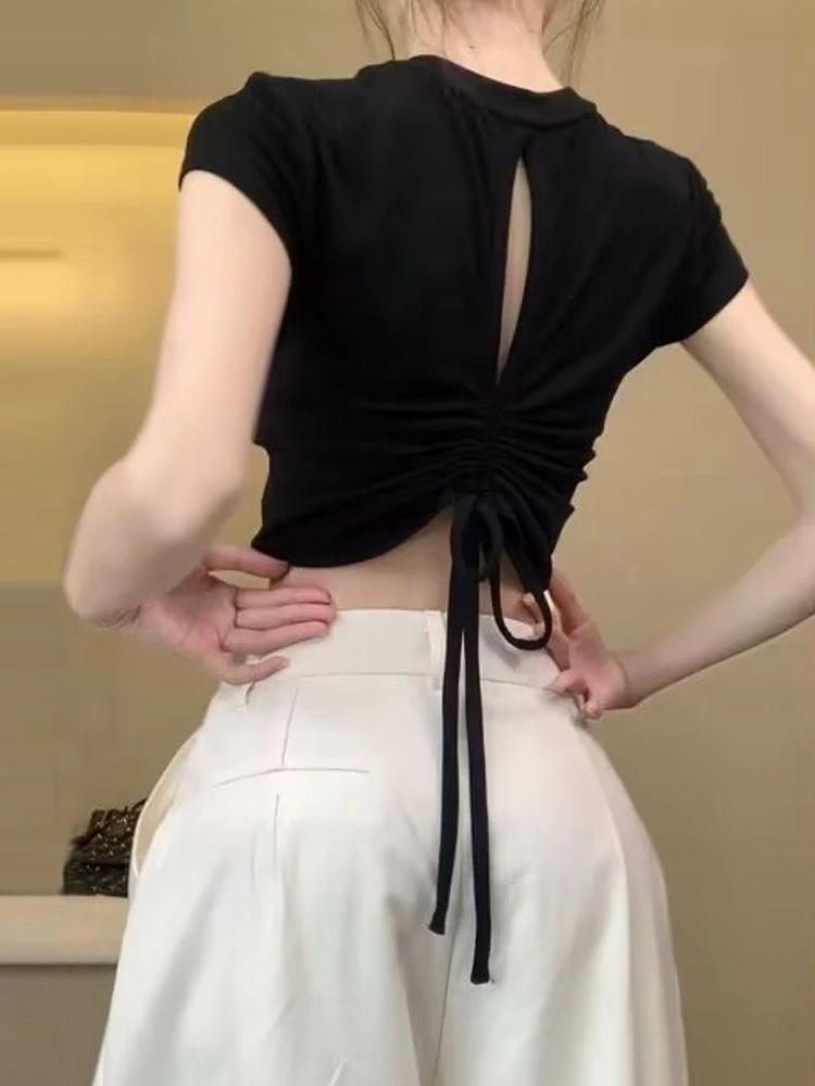 设计露背镂空抽绳纯棉上衣女夏季新款辣妹修身甜辣显瘦短袖insT恤