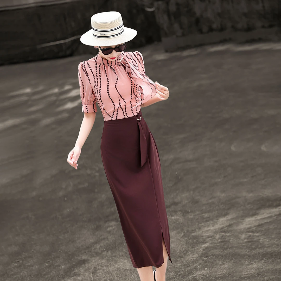 MEXCOCO/兰瑟儿夏新款气质优雅名媛飘带波点包臀连衣裙105XL2431