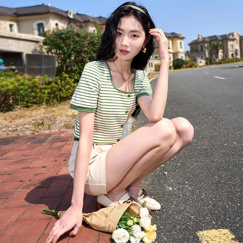 【直播专享】X832171 T恤 香影条纹t恤女短袖夏装新款时尚宽松小