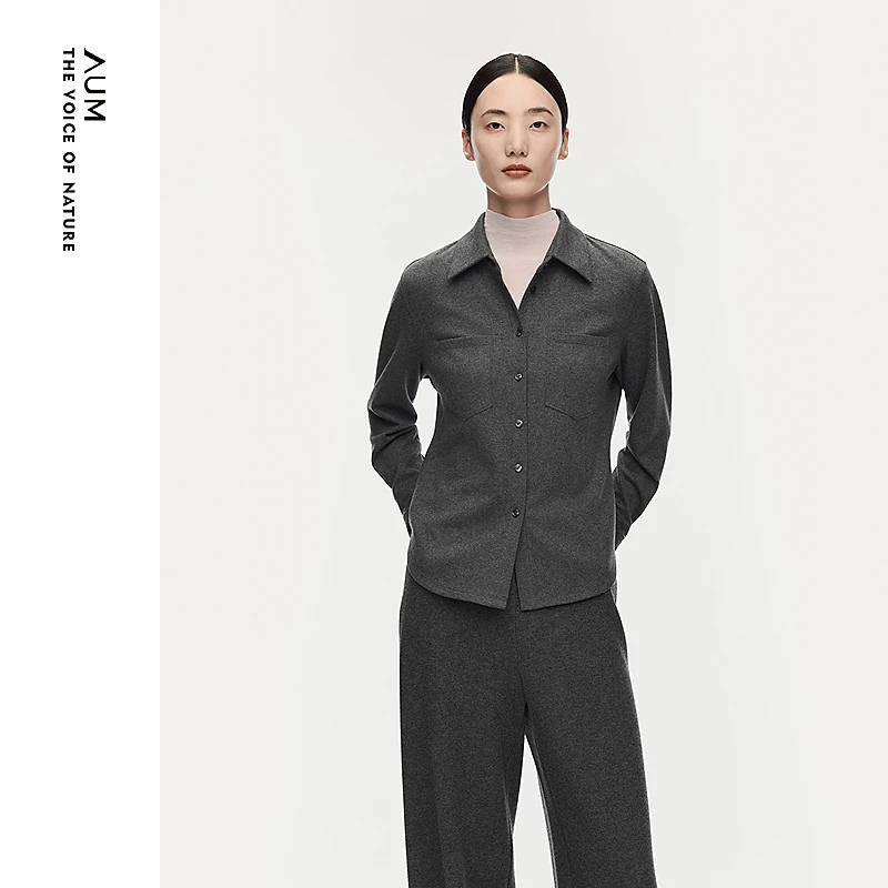 AUM噢姆25年秋冬时尚翻领简约灰色修身通勤毛呢衬衫M1FZ41829