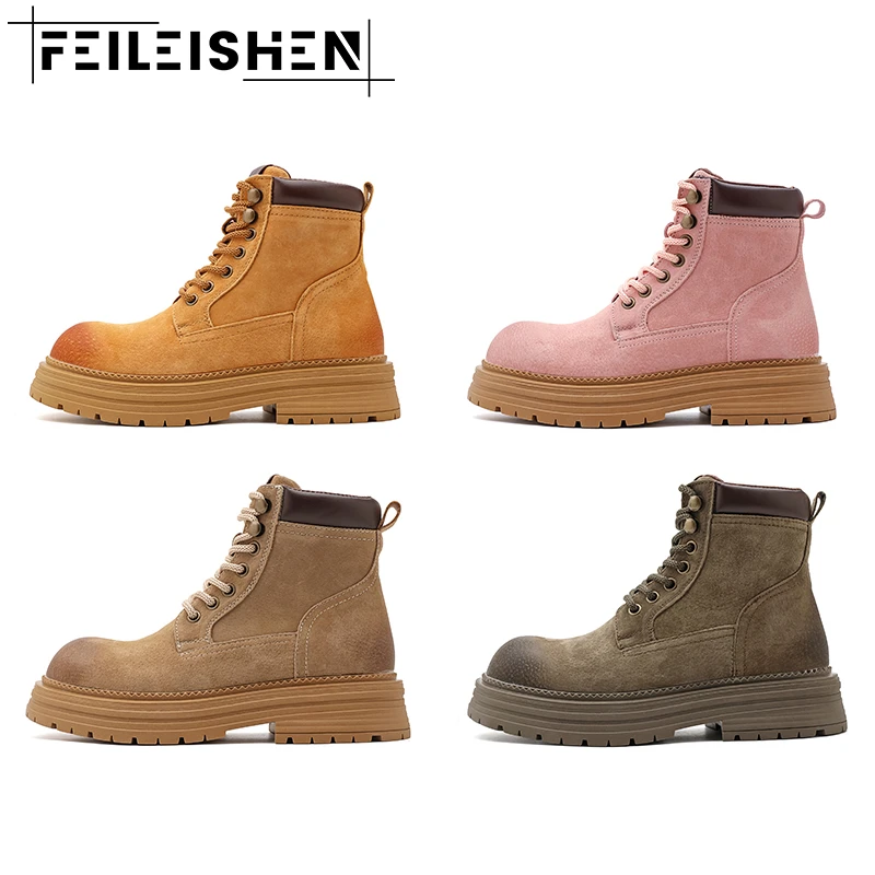 FEILEISHEN 情侣厚底大黄靴男复古英伦风马丁靴户外增高工装靴子