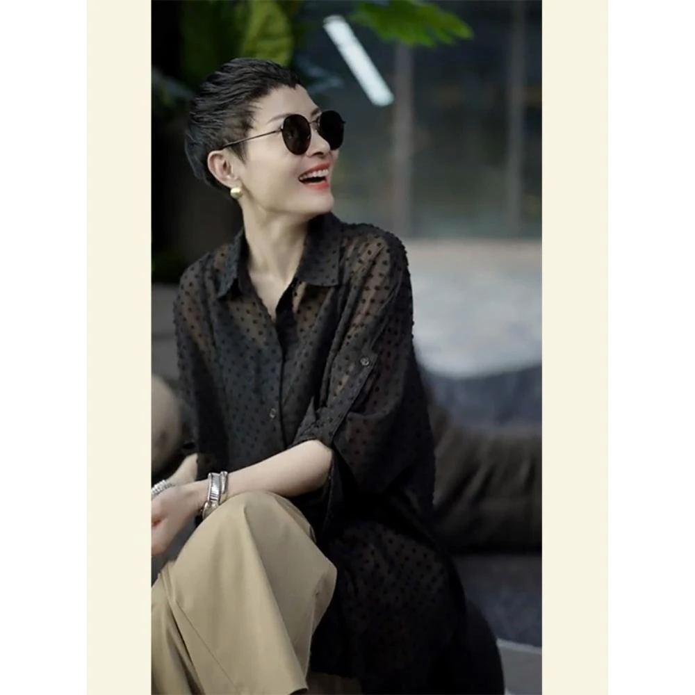 今年流行的漂亮小衫高级感轻奢减龄洋气黑色薄款雪纺衬衫夏季