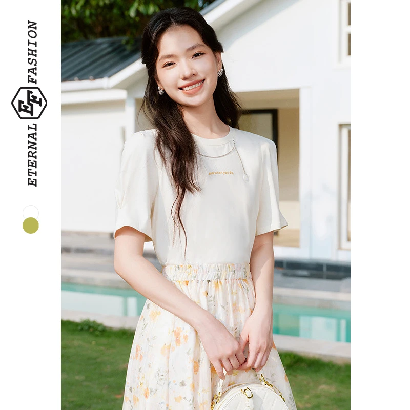 EF夏季新款休闲简约泡泡袖设计圆领短袖T恤E1242I0016