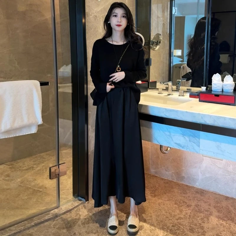 2025春季新款黑色针织上衣飘逸垂坠显瘦高腰半身裙大摆裙套装潮