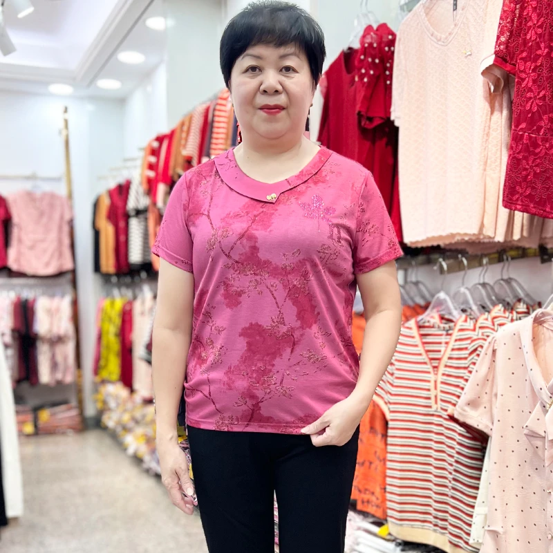 25年夏装新品妈妈装玫红色冰丝上衣中老年女装弹力短袖T恤小衫薄
