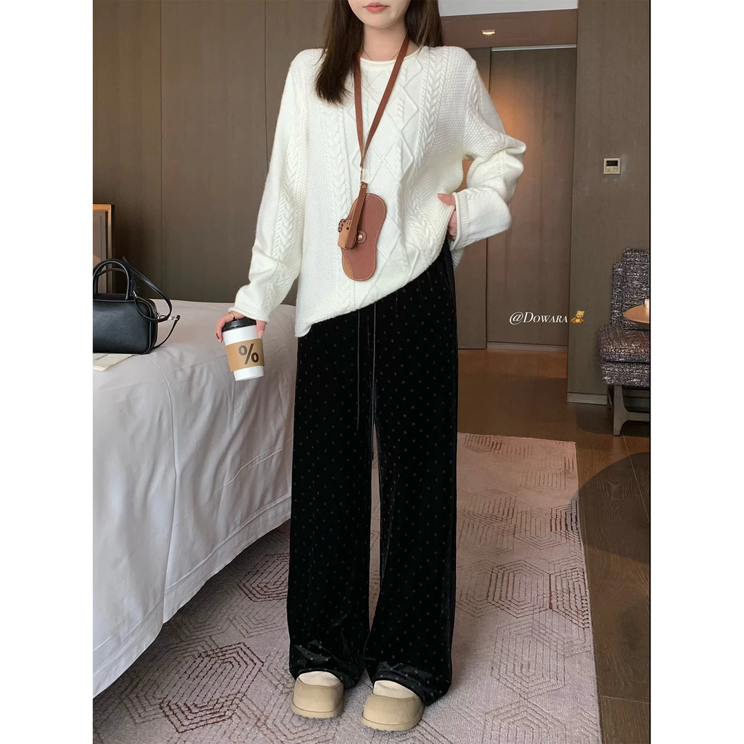 大婉酱微胖定制 韩系百搭黑色丝绒裤秋季松紧腰显瘦休闲长裤5418D