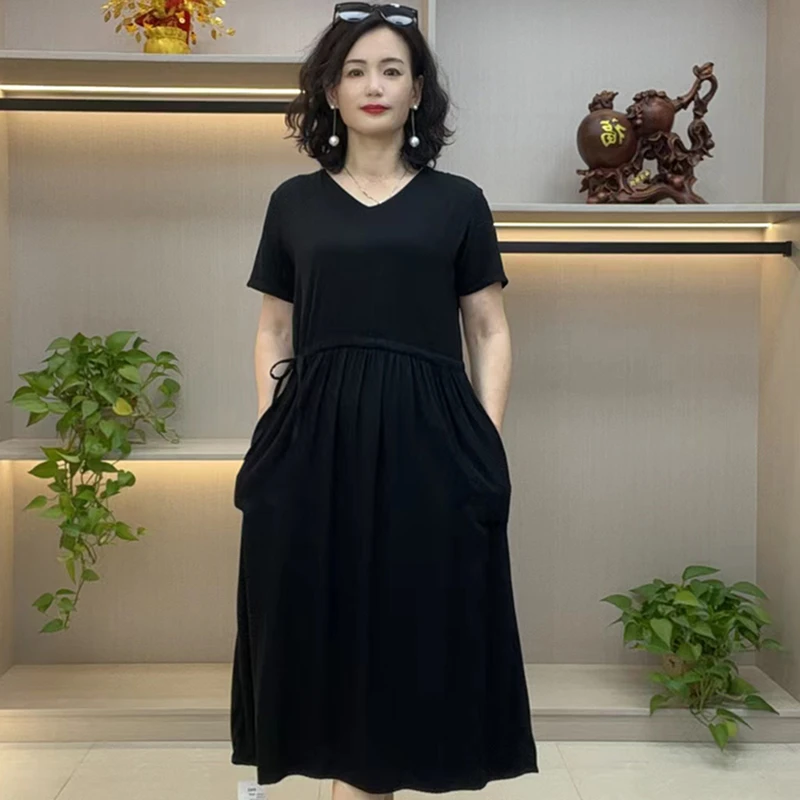 2025夏季女式纯色V领绵绸连衣裙木棉妈妈装遮肉显瘦夏装长款裙子
