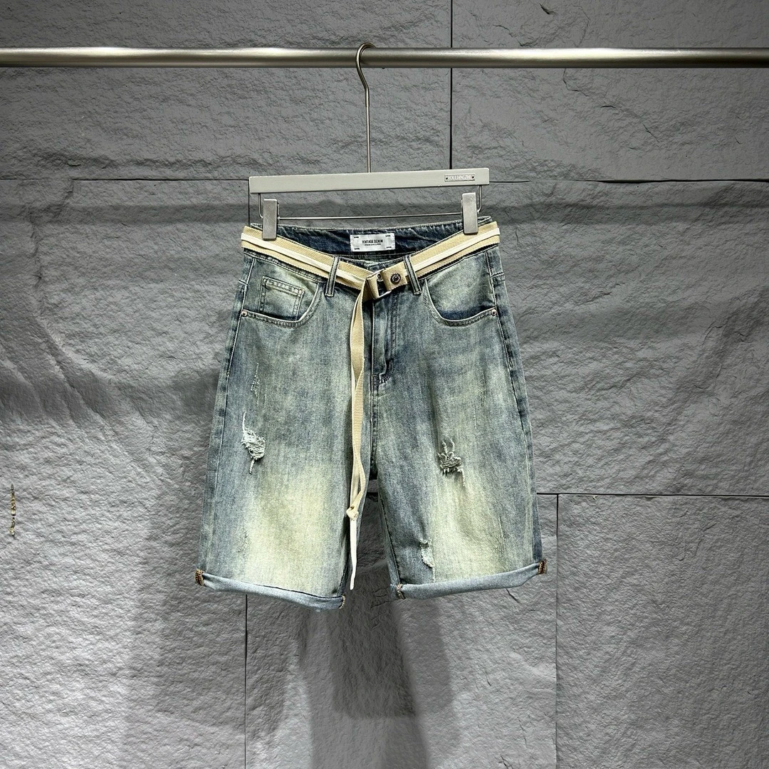 直筒中裤大码夏季夏季男士水洗破洞短裤复古短裤男士