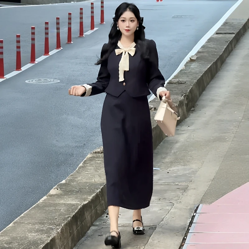 大码女装胖mm法式蝴蝶结系带上衣+半身裙2025冬季气质显瘦两件套