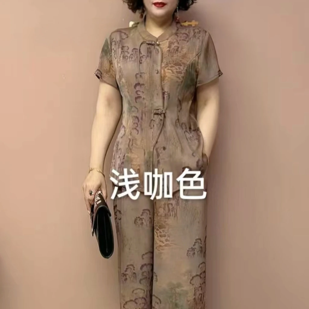 常规款绿色薄款中老年女装阔腿裤咖色夏季中式优雅立领碎花