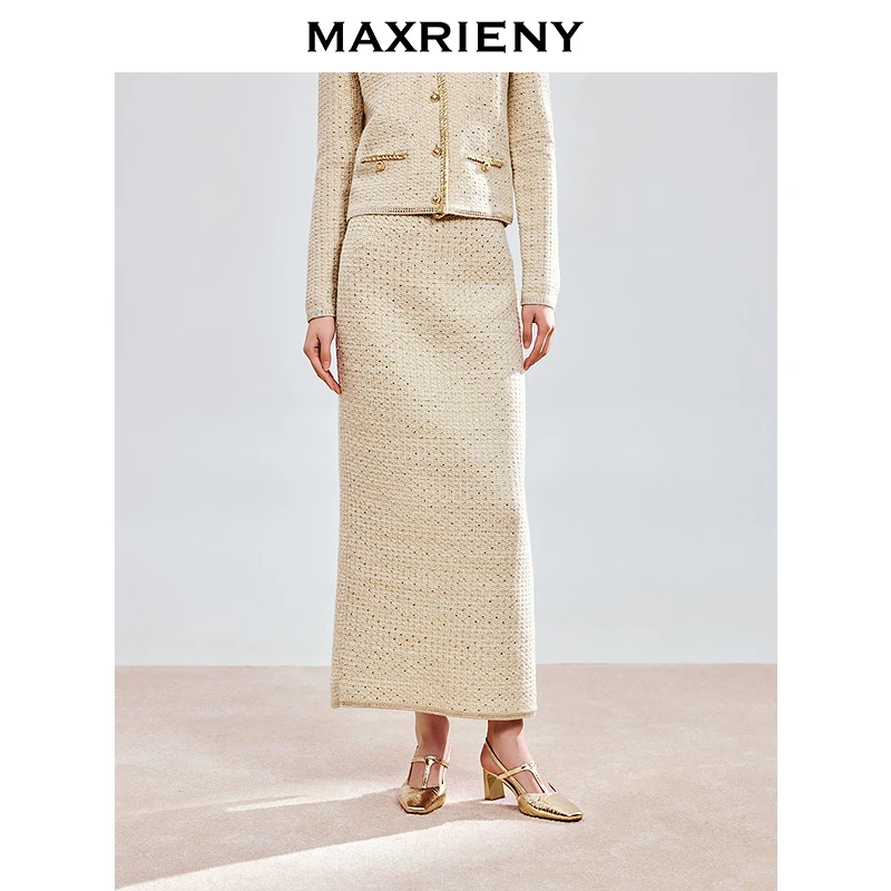 【商场同款-新中式】MAXRIENY轻奢小香风鎏金半裙高腰直筒a字裙