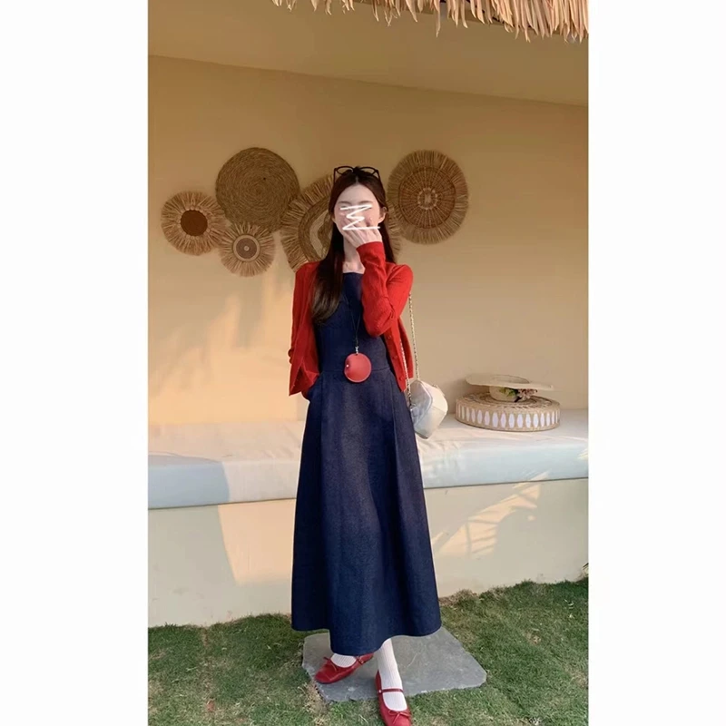 女装春秋显瘦复古文艺圆领长款/短款A字牛仔背心裙针织开衫套装