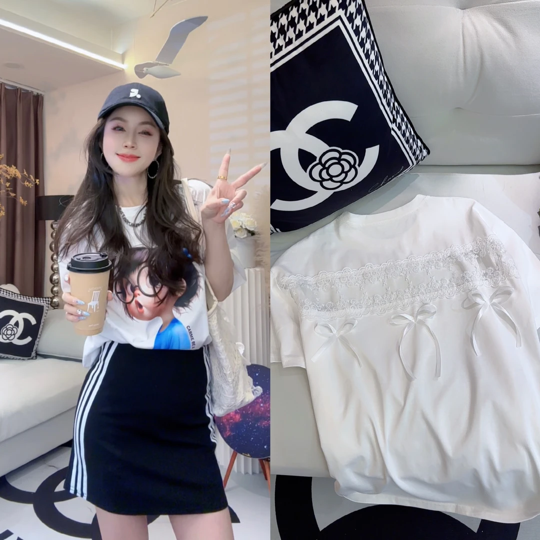L.X~后背蕾丝拼接短袖T恤女夏季新款独特时髦个性圆领上衣6336