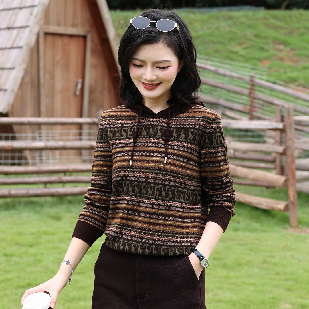 枫竺阿楠anan连帽拼接休闲条纹提花【羊毛针织衫】费尔岛毛衣女秋冬