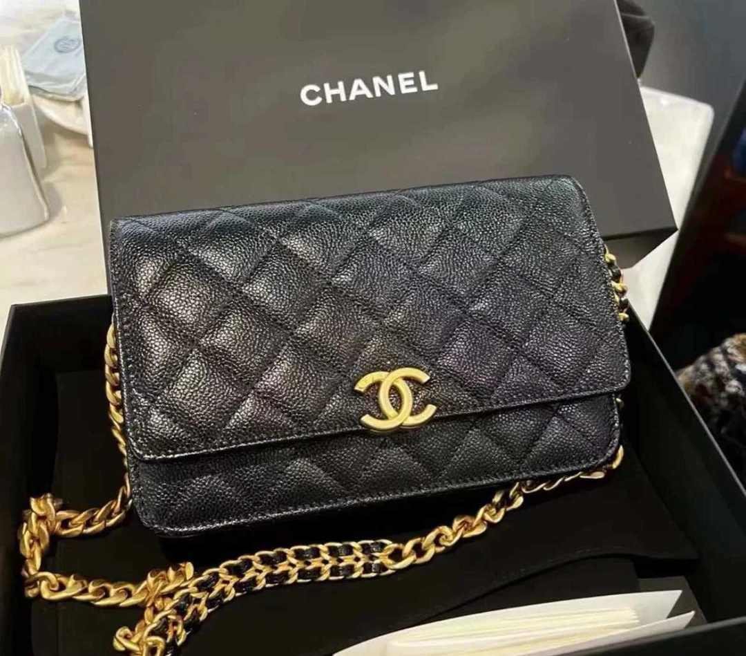 99新 Chanel/香奈儿 黑金荔枝纹woc链条包 芯片款 17223966/