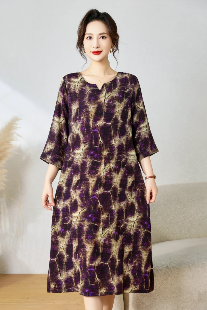 【时装高定款】星光紫修身印花连衣裙女装大码连衣裙