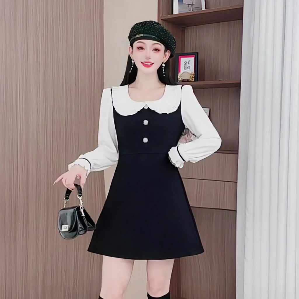 3813大码气质A字裙秋冬拼接娃娃领减龄连衣裙常规款高腰显瘦裙子