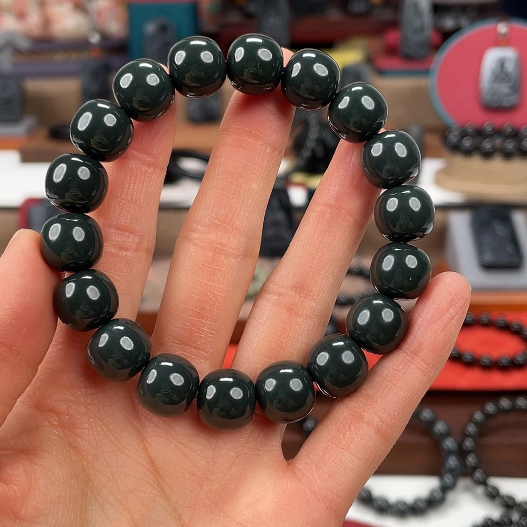 和田玉未镶嵌手串卡12精工深色沙枣青