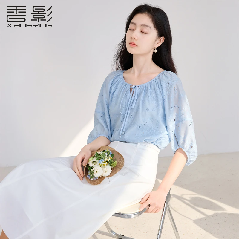 【直播专享】S85S392蕾丝衫 香影重工刺绣镂空系带圆领上衣女夏