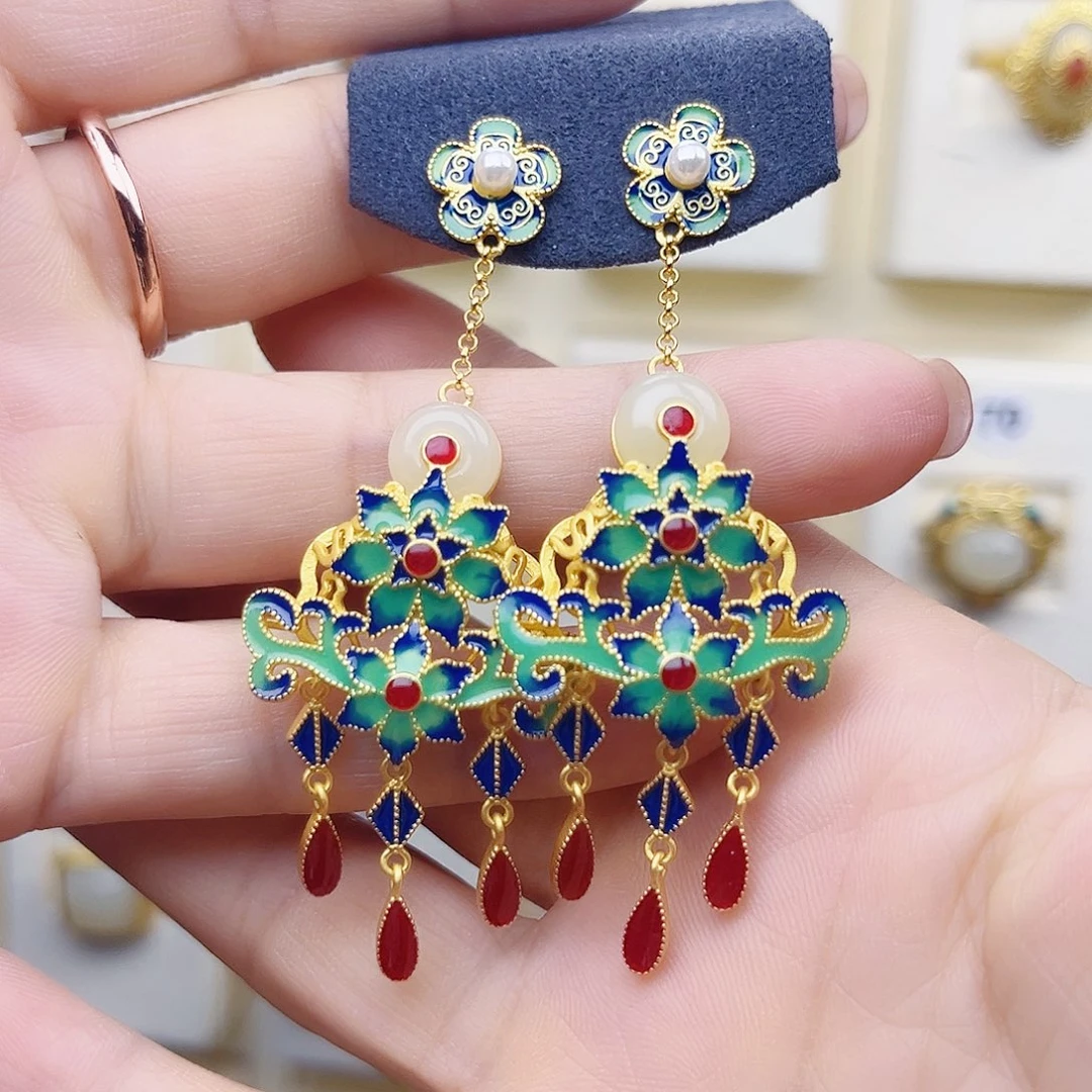 和田玉银S925镀金镶嵌耳饰