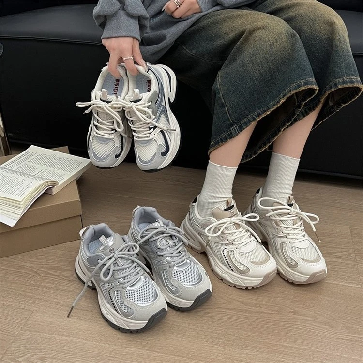 网面百搭透气夏季老爹鞋女ins2025春款时尚银色厚底运动鞋