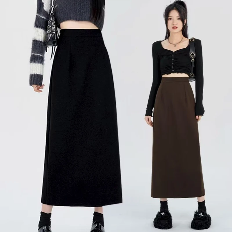 赫本风黑色显瘦毛呢半身裙高腰后开叉中长款A字裙秋冬直筒包臀裙