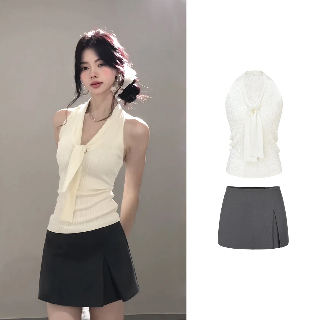 法式绑带无袖针织衫女夏季纯欲风气质修身紧身上衣+半裙C 8848#