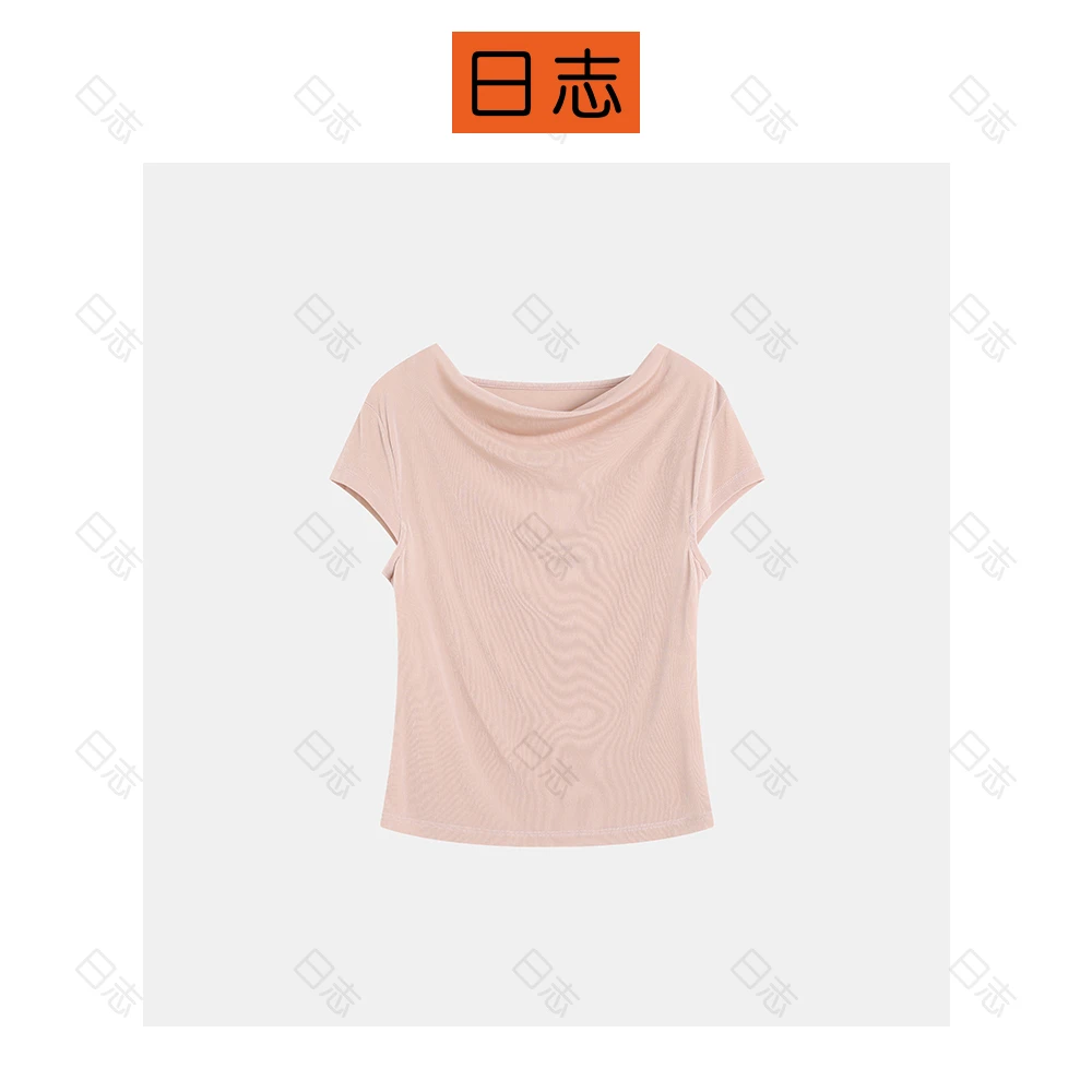 PIPO夏季冰丝短款一字领褶皱收腰显瘦短袖T恤打底上衣DD52T642