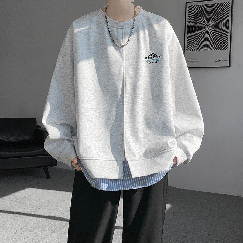 春季新款假两件条纹衬衫字母拼接圆领卫衣男士宽松休闲风学生外套