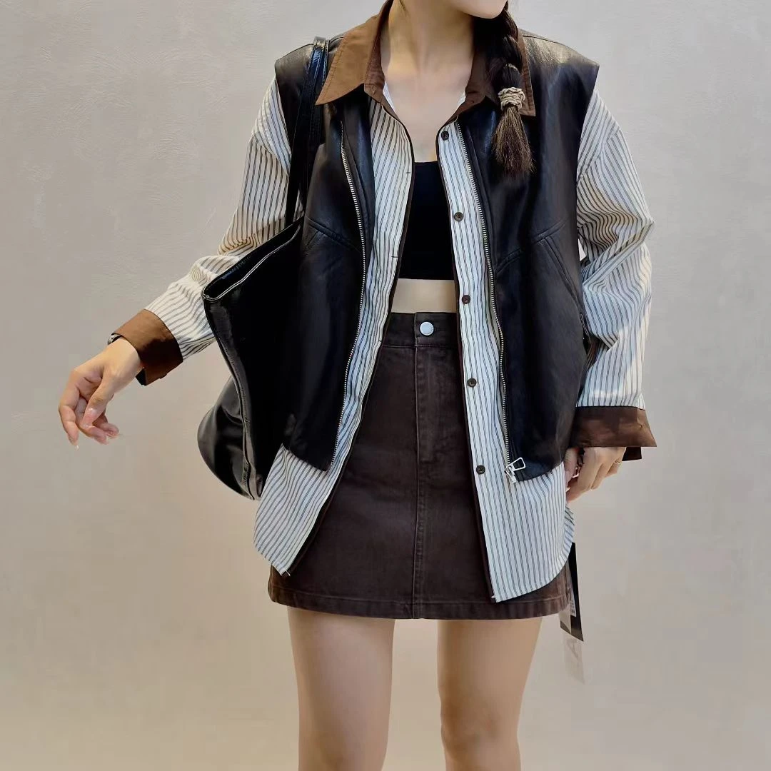 皮马甲+条纹衬衣休闲气质上衣两件套2025女早秋新款流行爆款上衣