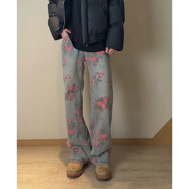 cleanfit牡丹提花牛仔裤男小众设计感水洗蓝裤子休闲直筒微喇裤