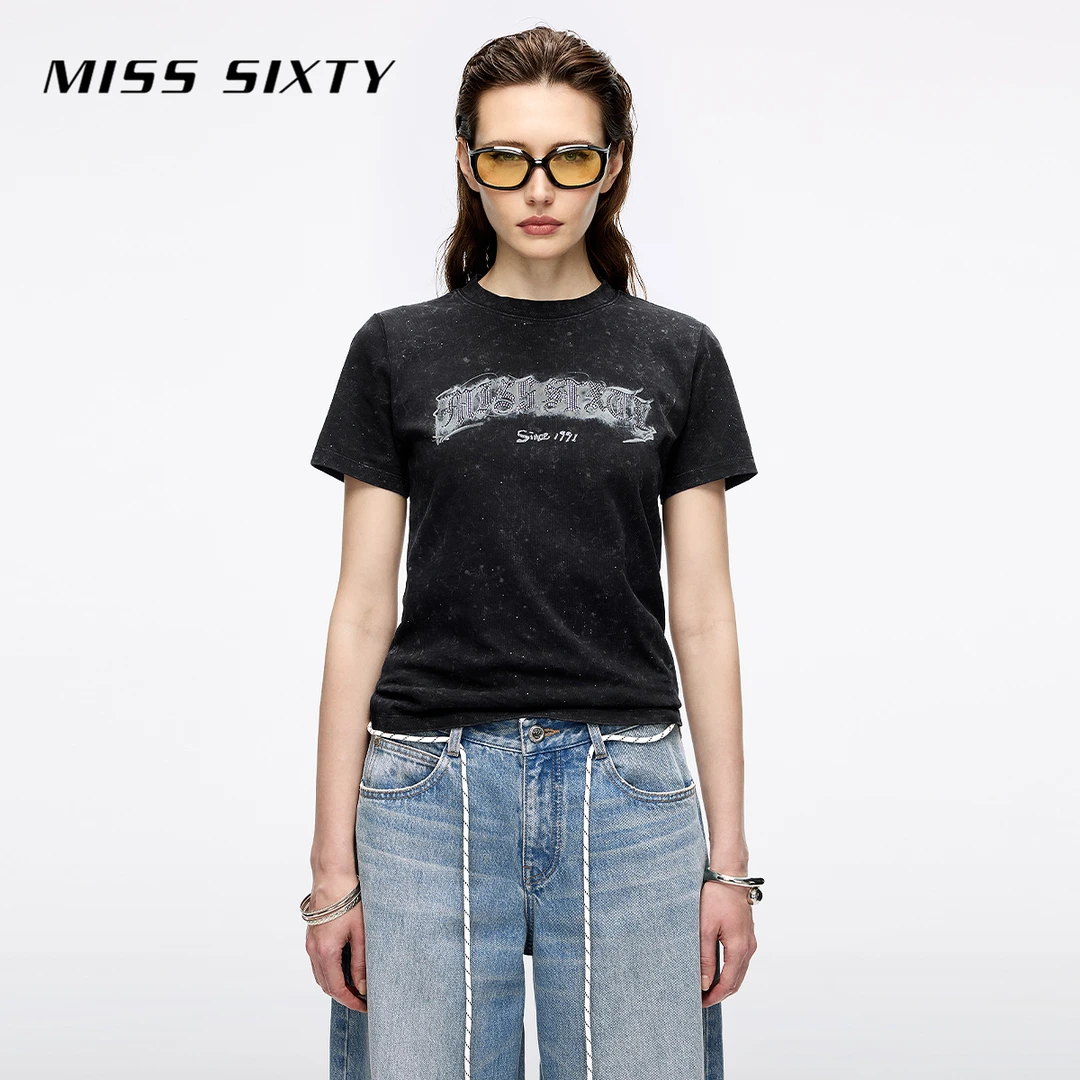 Miss Sixty2025秋季新款短袖T恤女圆领细闪烫钻印花做旧设计上衣
