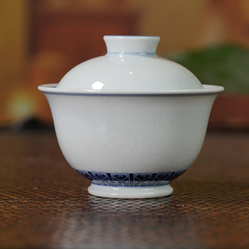 【墨舍名窑】快雪时晴青花暗刻松竹梅元宝盖碗 kxsq418手工陶瓷茶道