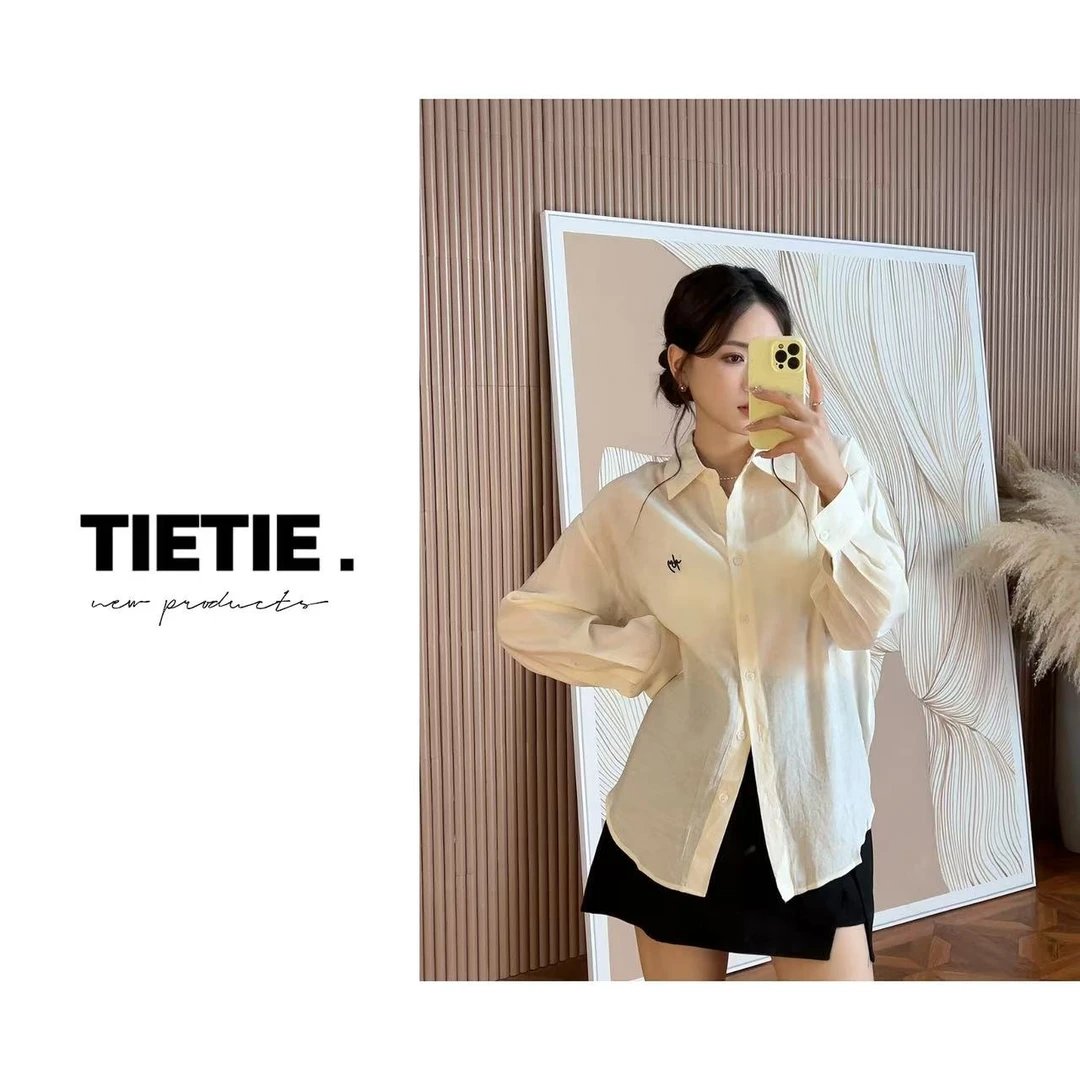 3214白色温柔polo领长袖防晒衬衫女2024夏季法式复古薄款衬衣上衣