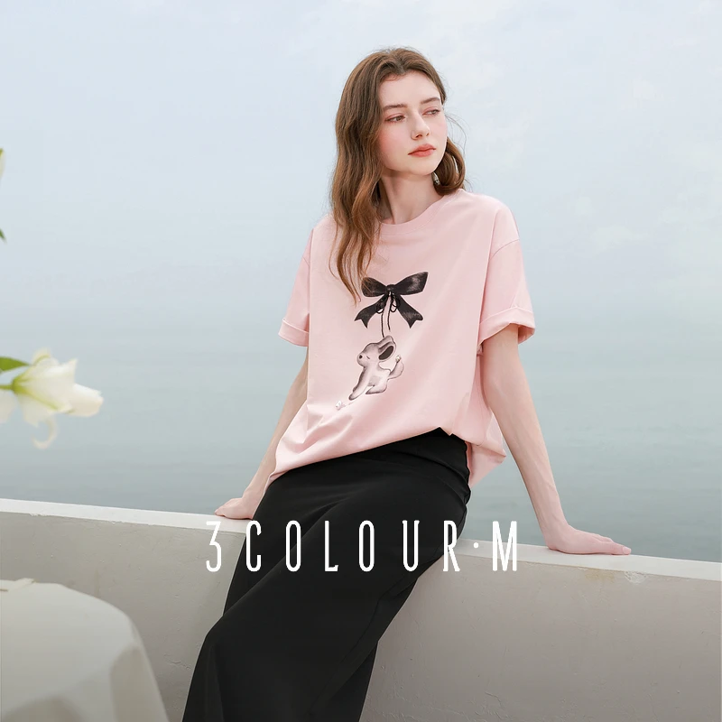 三彩2025夏季新款印花T恤钉珠圆领宽松落肩袖上衣套头衫休闲M