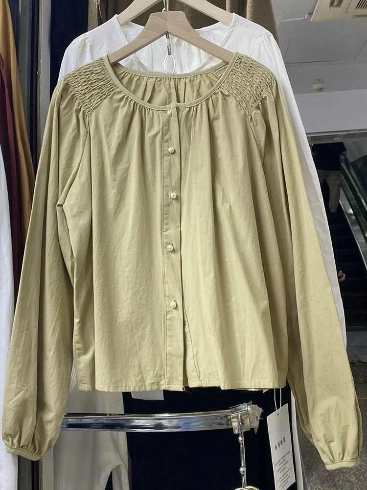 甜美圆领单排扣褶皱设计感长袖纯棉衬衫女装2025春夏简约百搭上衣