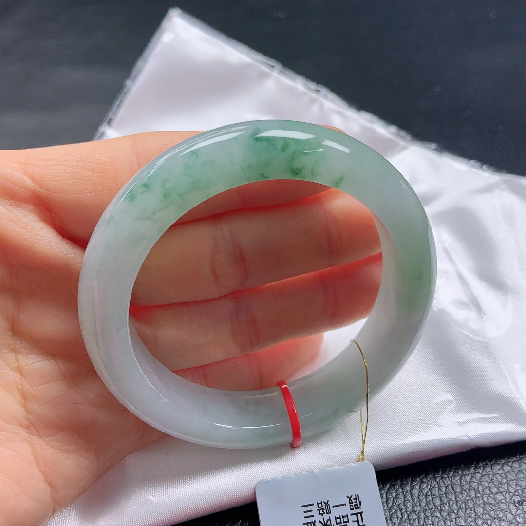53圈冰种厚装飘绿飘花翡翠宽边手镯缅甸天然a货女款平安镯时尚