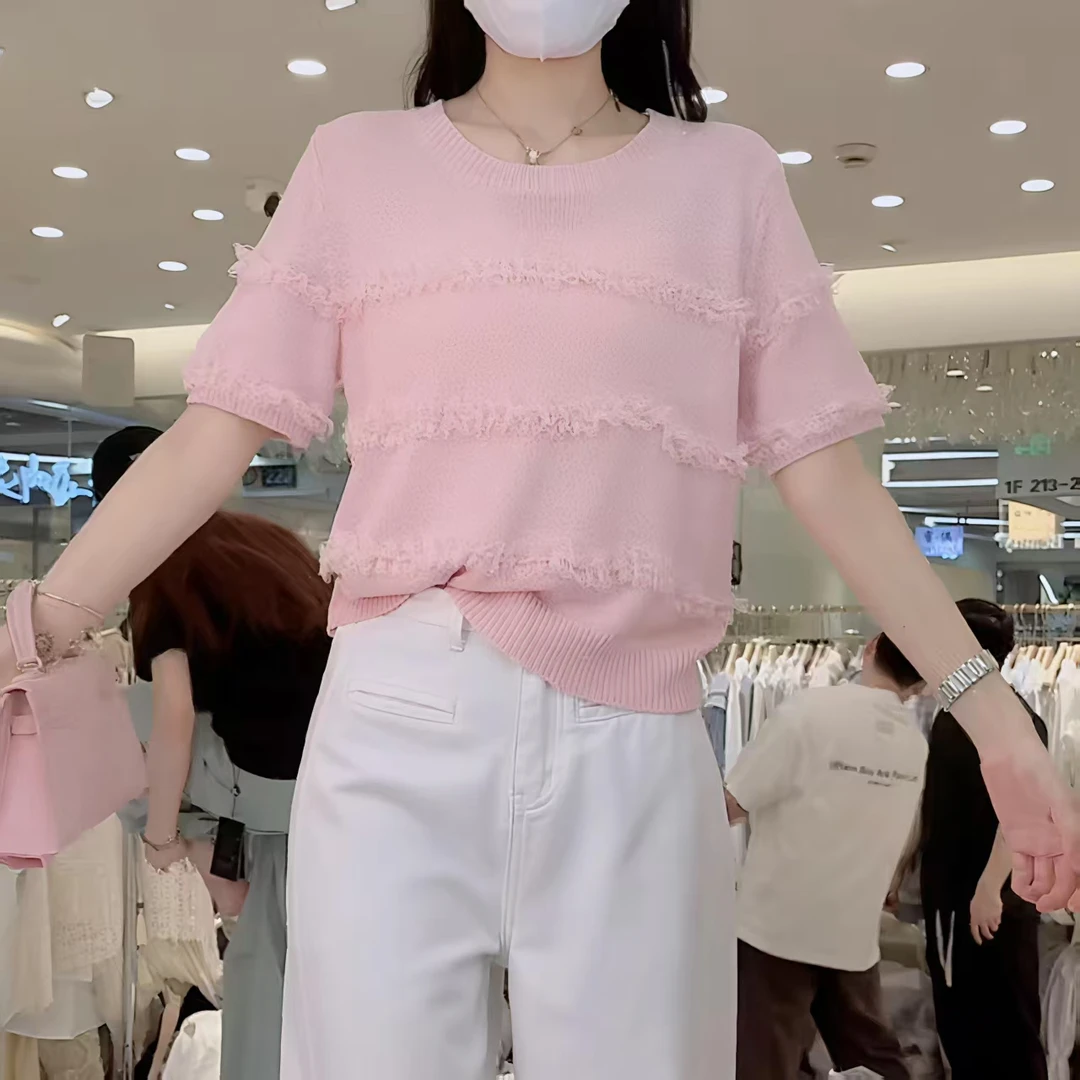 2025春季新款气质减龄针织圆领短袖套头毛衣女9108