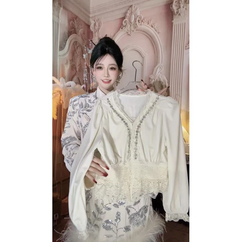 【崔】T0051蕾丝小众泡泡袖衬衫法式淑女时尚新款春季复古短款