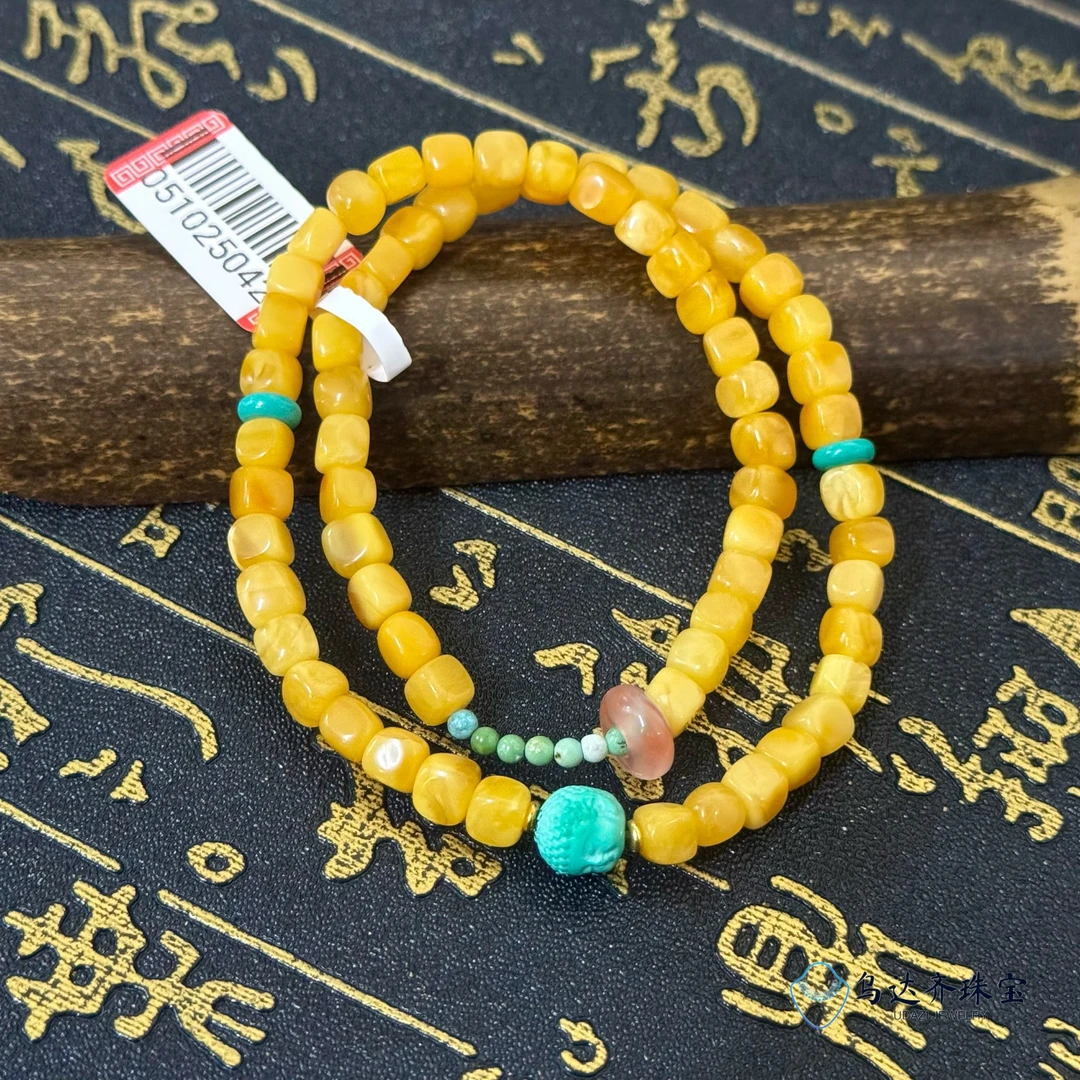 【乌达齐珠宝】5mm+笑佛老蜡方粒双圈手串