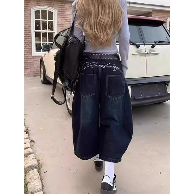 ZHL Studio背后刺绣拼接弯刀裤牛仔裤男女美式复古阔腿七分裤短裤