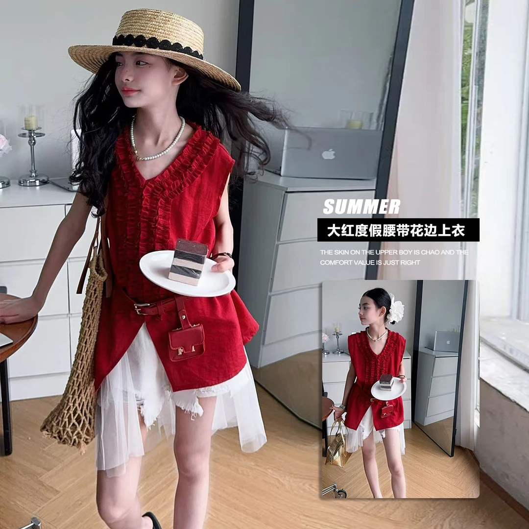 【毛妈潮牌】女童夏季设计感度假风套装2025中大童时髦洋气三件套潮