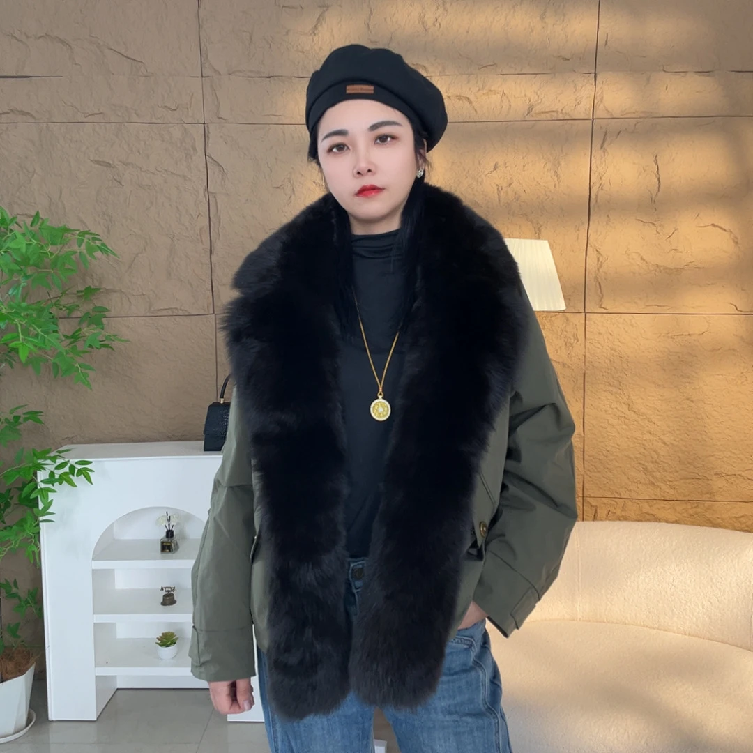 2025新款女士超大真皮狐狸毛领白鹅绒羽绒服派克外套