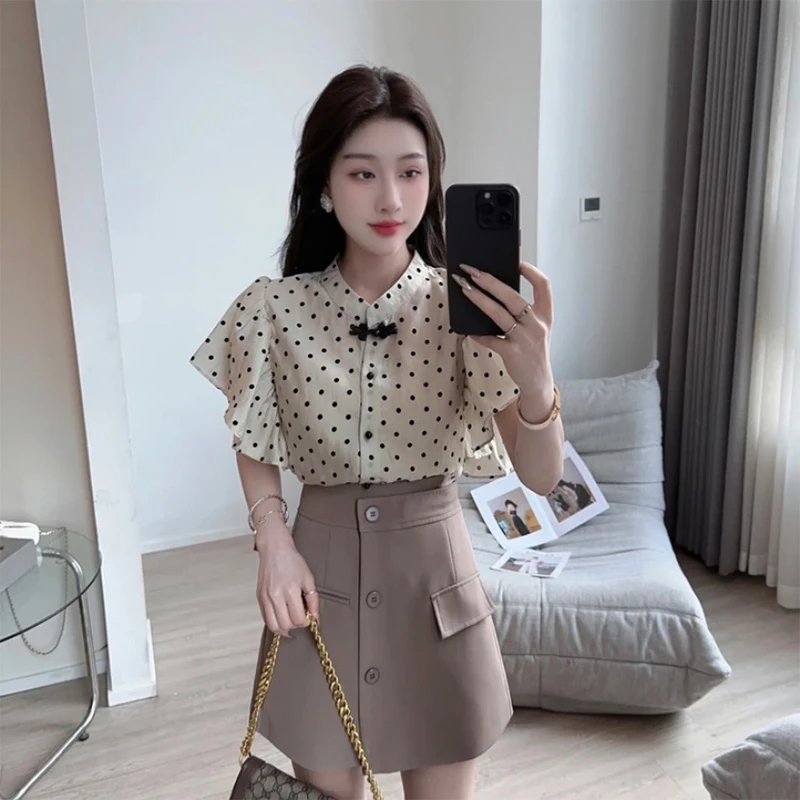 新中式中国风波点小飞袖气质衬衣+韩版百搭高腰显瘦A字短裤裤裙