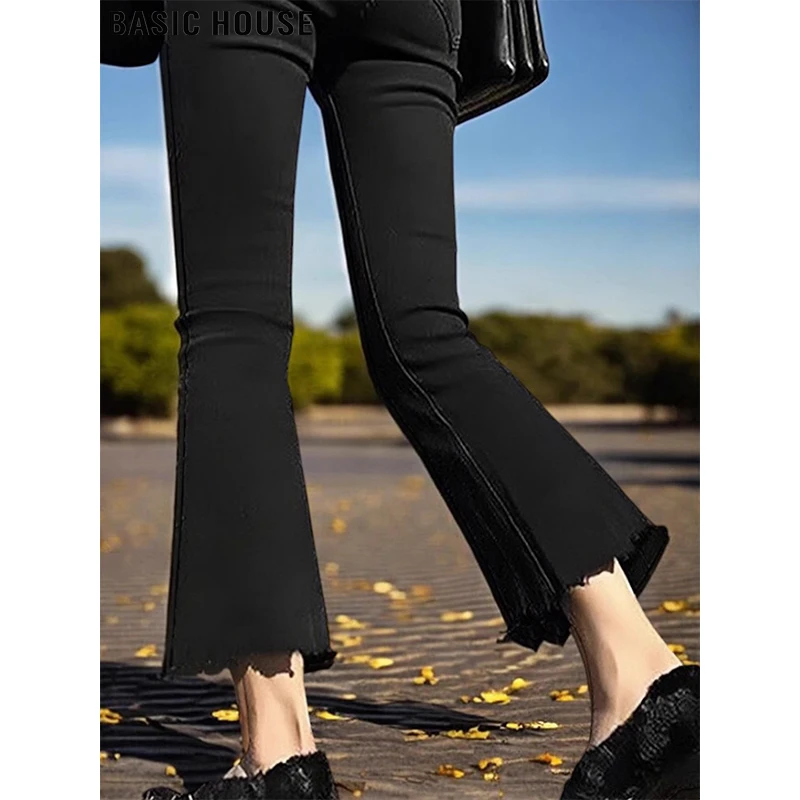 Basic House/百家好毛边微喇牛仔裤女九分黑色马蹄喇叭裤加绒显瘦