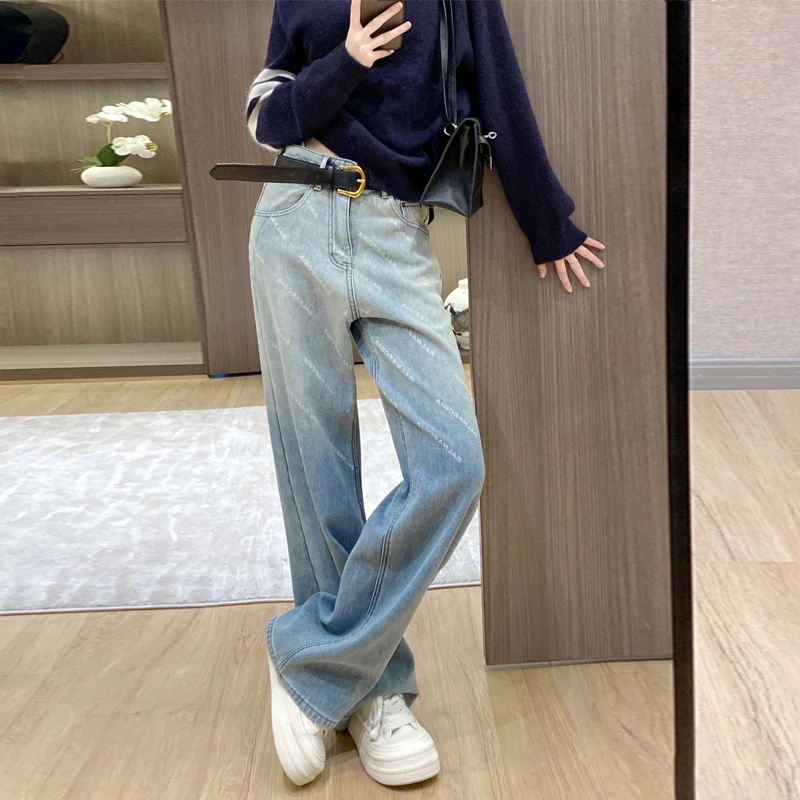 新款百搭直筒裤高腰牛仔裤大梨形身材裤子阔腿裤蓝色长裤宽松