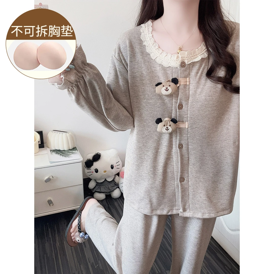 保暖薄绒睡衣女款秋冬季2025新款外穿可爱风少女带胸垫家居服套装