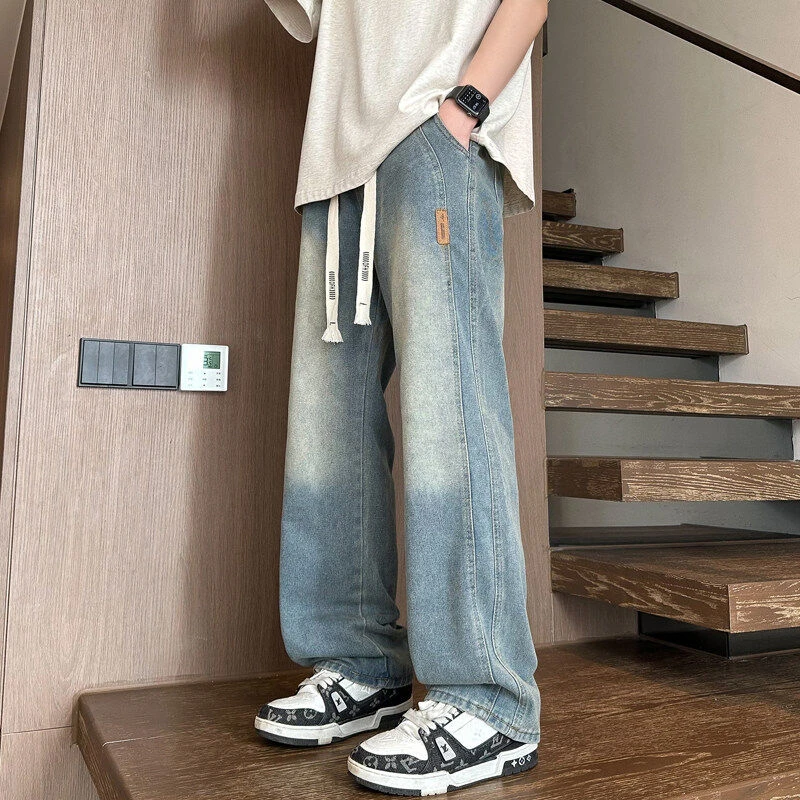 元赫美式复古牛仔裤男秋冬季潮牌加绒加厚直筒宽松休闲阔腿裤子男