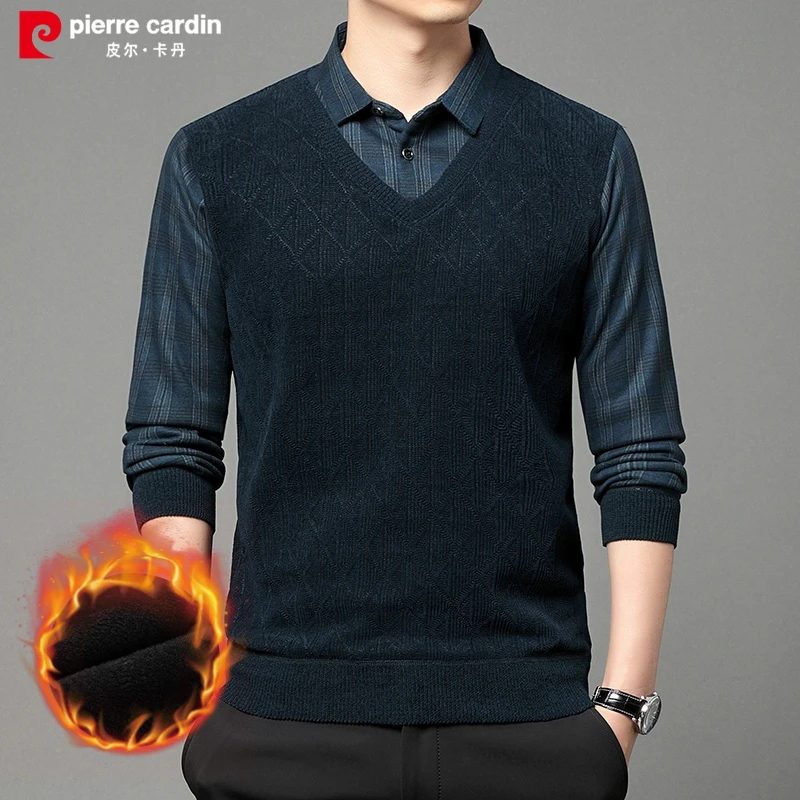 皮尔卡丹保暖加厚毛衣冬季男士休闲商务爸爸针织衫时尚长袖衬衫领
