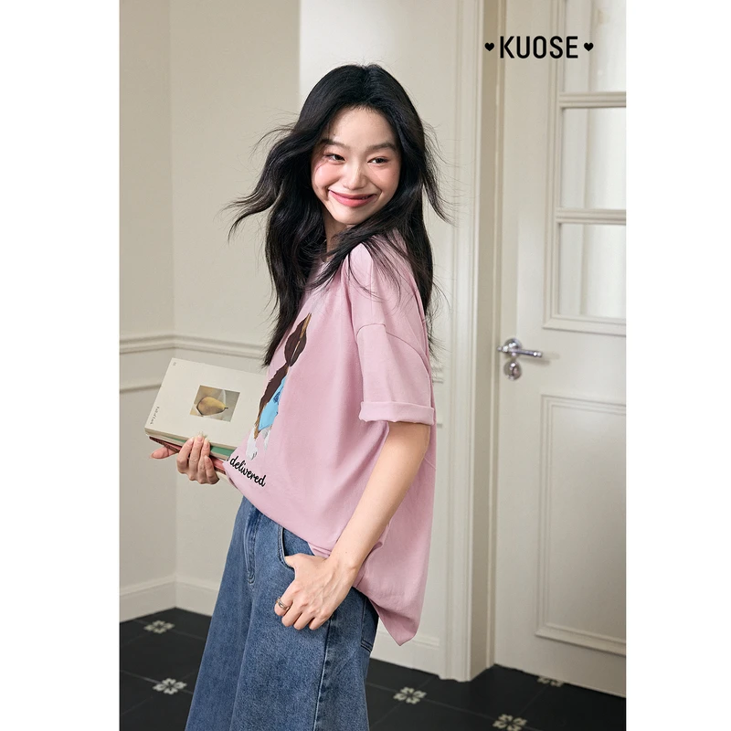 阔色粉色圆领短袖2025夏季多巴胺穿搭宽松半袖印花t恤KSD2507025